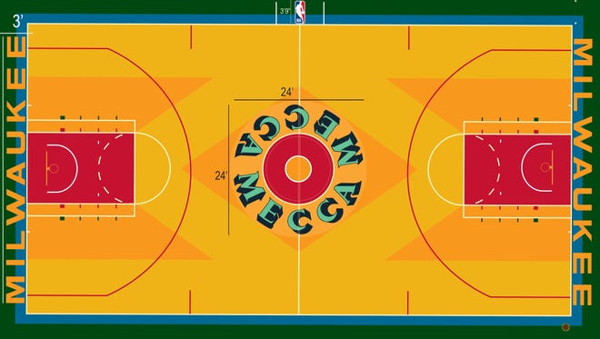 The Milwaukee Bucks released this rendering of the Robert Indiana-themed floor that will be used for one game -- on Thursday, Oct. 26 -- at the UW-Milwaukee Panther Arena.