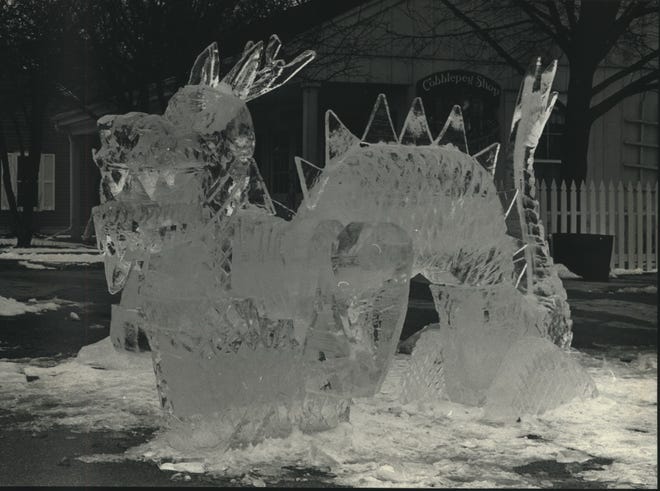 1991. Milwaukee Ice carving artist Luppie Rodriquez created this 15-foot ice dragon at Brookfield ' s Stonewood Village Shops as a demonstration piece for an ice-sculpting contest.