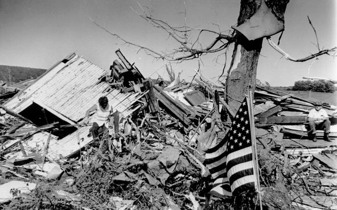 The 1984 Barneveld tornado was the first F5 in the U.S. in more than two years since one touched down in Oklahoma on April 2, 1982. Hazel and Clinton Roberts survey the debris of his mother's house in Barneveld, wondering where to start the cleanup.