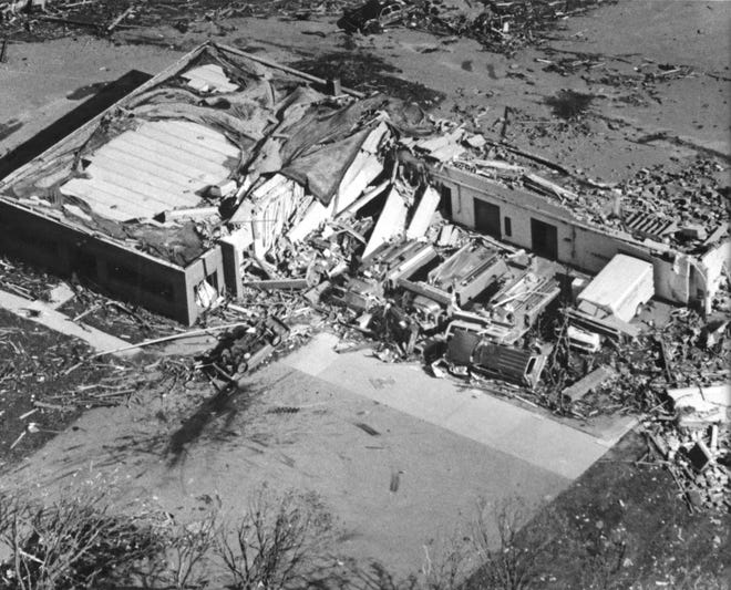 Aerial view of a destroyed establishment in Barneveld.