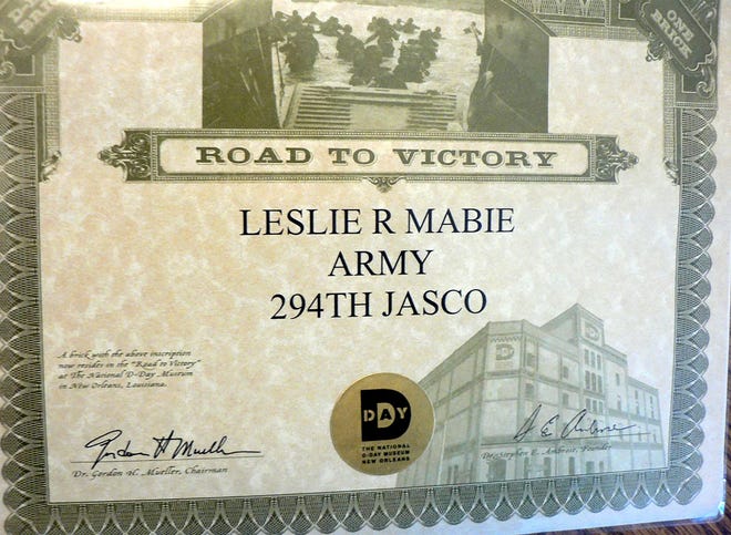 Mabie’s D-Day certificate.