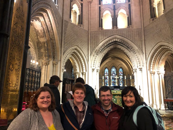 Extension educators Aerica Bjurstrom of Kewaunee County, left, Tina Kohlman of Fond du Lac County, right, and Dan Marzu, Lincoln and Langlade County, center and his wife, visit a historic cathedral in Ireland.