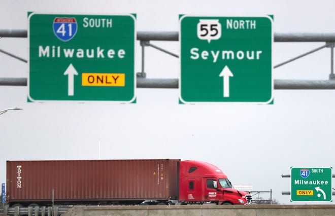 A truck moves along Interstate 41 near State 55 on Monday in Kaukauna.