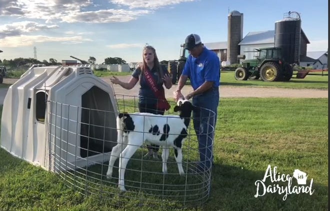 Abigail Martin and her father, Joe Martin, share information about calves during a virtual tour on their Milton dairy farm on June 6. The event was co-hosted by the Martin family and Dairy Farmers of Wisconsin and be posted live on Facebook .