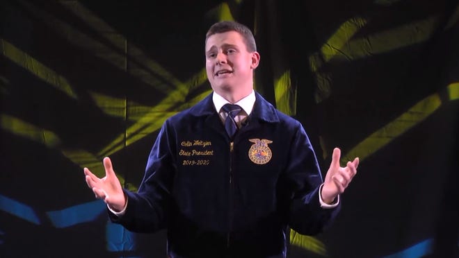 Collin Weltzien delivers his retiring address as outgoing Wisconsin State FFA President during the organization's online convention July 10.