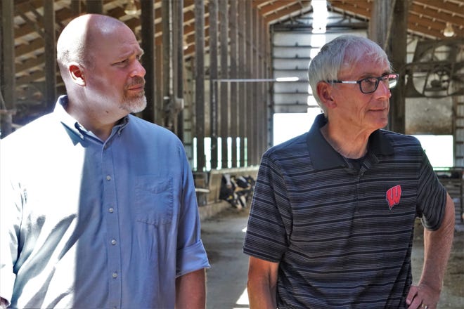 DATCP Secretary-designee Randy Romanski and Governor Tony Evers on a tour of the Rebout farm June 17, 2021.